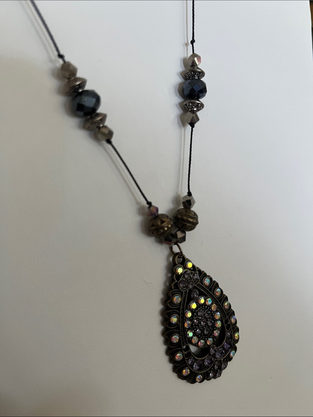 Iridium Teardrop Pendant Necklace with Iridescent Stones - Women's Jewelry NEW